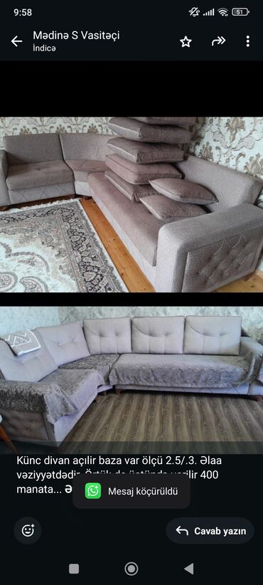 Divan və masa dəstləri: Künc divan, İşlənmiş, Açılan, Bazalı, Çatdırılma yoxdur