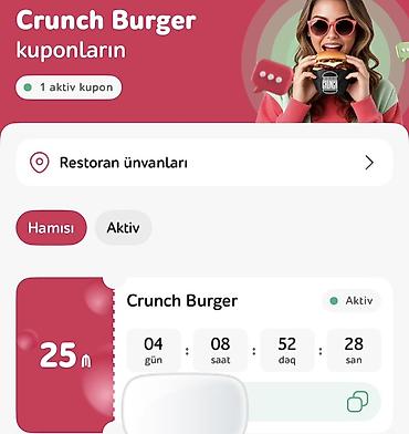 burger çörəyi qiyməti: Crunch Burger kuponu 25 manatlıq yeməy fürsəti,Son qiymət 20 azn — 1