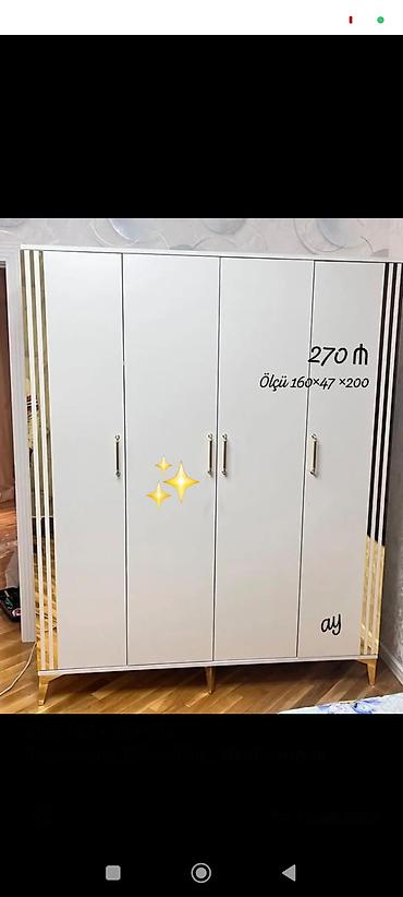 ucuz dolablar: Ağ rəngdə, 4 qapılı paltar dolabı. Minimalist dizayn, yan tərəflərdə — 1