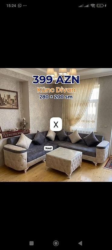 Künc divan – 280 × 200 sm - Rəng: tünd boz və krem kombinasiyası -