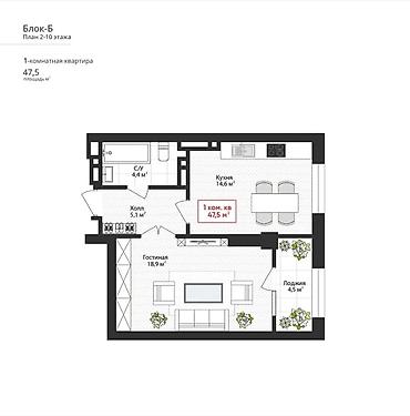 коктал: 1 комната, 45 м², Ала-Арча ТРЦ 10 этаж, ПСО (под самоотделку) — 2