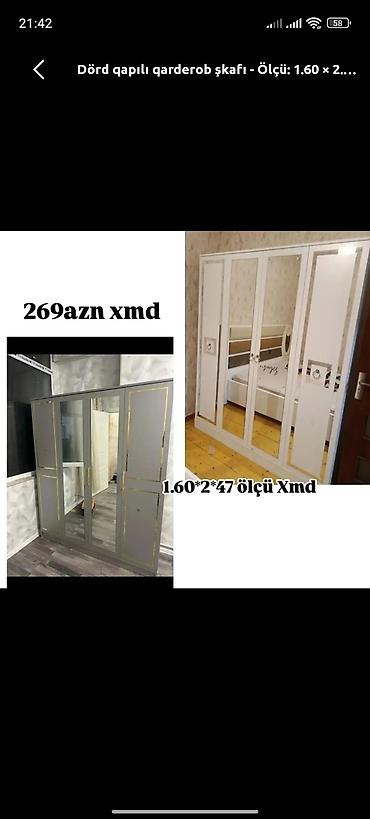 kitab skafi: Yeni, 4 qapılı, Güzgülü, Ağ, Açılan, Düz dolab — 1