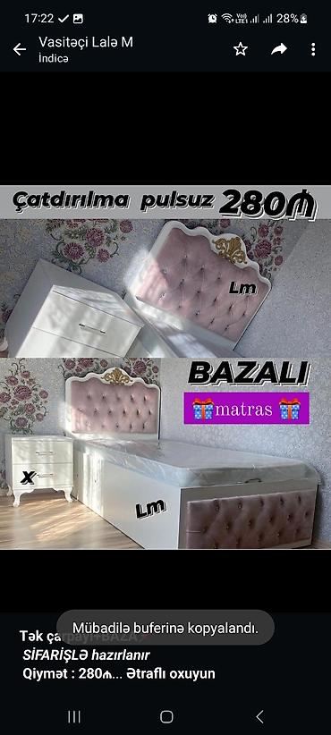 *Tək çarpayı+BAZA📌* _*SİFARİŞLƏ hazırlanır*_ *Qiymət : 280₼* Ölçü lalafo.az -da *Tək çarpayı+BAZA📌* _*SİFARİŞLƏ hazırlanır*_ *Qiymət : 280₼* Ölçü