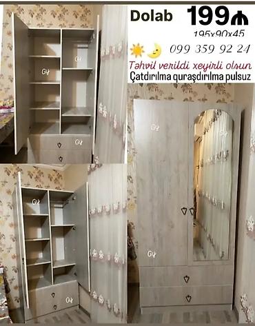 Dolablar: Dolab – 3 qapılı, güzgülü model Ölçü: 195×90×45 sm Qiymət: 199 ₼ — 1