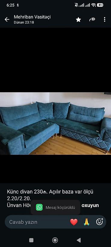 Künc divan 230₼. Açılır baza var ölçü 2.20/2.20. Ünvan Hövsan (74692)