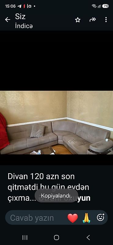 işləmiş divanlar: Divan 120 azn son qitmətdi bu gün evdən çıxmaldl Tibb uni yanı 50826 — 1