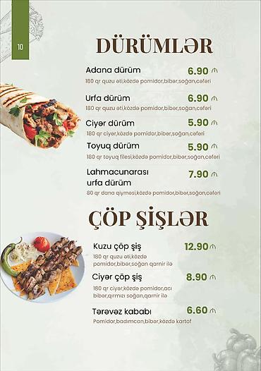 toyuq məhsulları: Menyuda dürümlər və çöp şişlər Dürümlər - Adana dürüm – 180 q quzu — 1