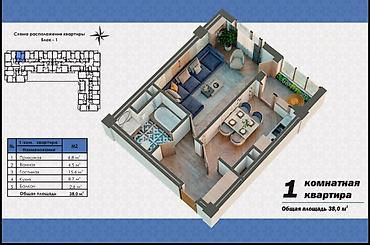 квартира псо асанбай: 1 комната, 38 м², Элитка, 9 этаж, ПСО (под самоотделку) — 1