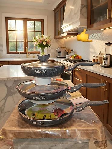 idman geyim: VIP Chef 3-lü tava dəsti - Çoxölçülü set: 3 müxtəlif diametrli tava — 9