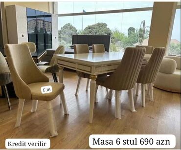 tel masa: Qonaq otağı üçün, Yeni, Açılan, Dördbucaq masa, 6 stul