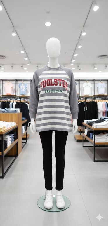 qadın jaketləri: Qadınlar üçün rahat gündəlik dəst - Üst geyim: boz-ağ enli zolaqlı