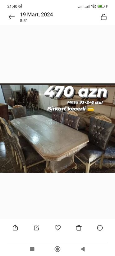 stol stul mebel: Qonaq otağı üçün, Yeni, Açılmayan, Dördbucaq masa, 6 stul, Azərbaycan