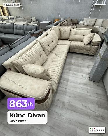 kunc divan ucuz: Künc divan – 300×200 sm - Yumşaq, toxumalı parça üzlük - Rahat oturuş — 1