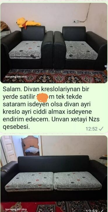 Divan və kreslo dəstləri: İşlənmiş, Divan, 2 kreslo, Bazasız, Açılmayan