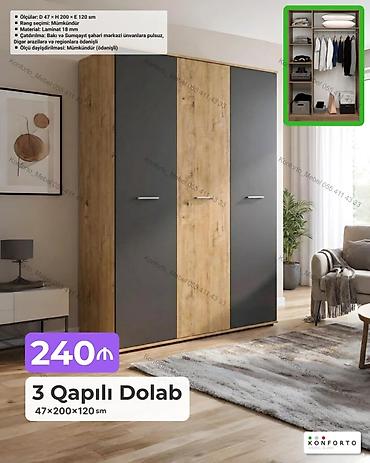 skaf: 3 qapılı paltar dolabı — 47×200×120 sm - Material: 18 mm laminat - — 1