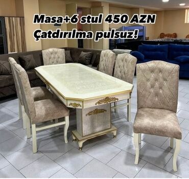 stol stul modelleri: Qonaq otağı üçün, Yeni, Açılmayan, Dördbucaq masa, 6 stul