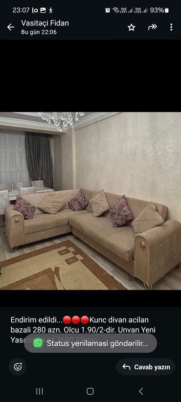 Divanlar: Künc divan, İşlənmiş, Açılan, Bazalı, Çatdırılma yoxdur