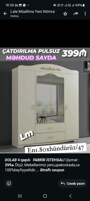 embawood dolablar: *_DOLAB_* *4 qapılı* _*FABRİK İSTEHSALI*_ Qiymət : *399₼* Ölçü