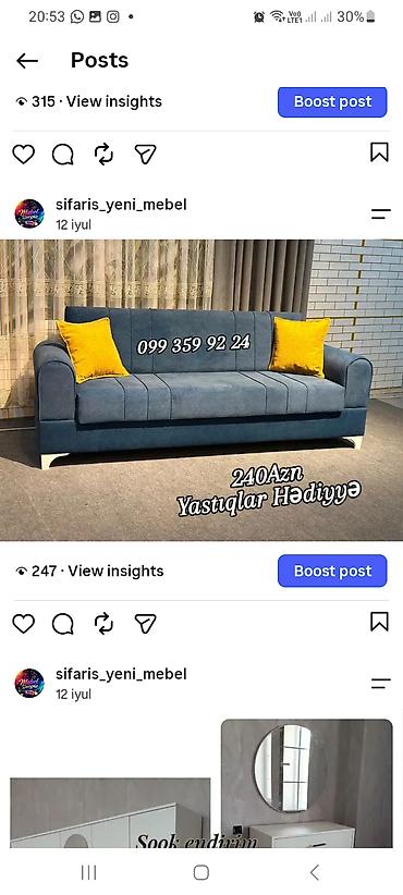 Divanlar: Məhsul: Yumşaq oturacaqlı 3 nəfərlik divan - Rəng: Tünd mavi — 1