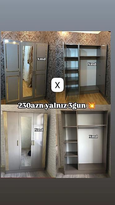 Dolablar: 3 qapılı paltar şkafı - Rəng: boz (qızılı dekor xəttləri ilə) - Ön — 1