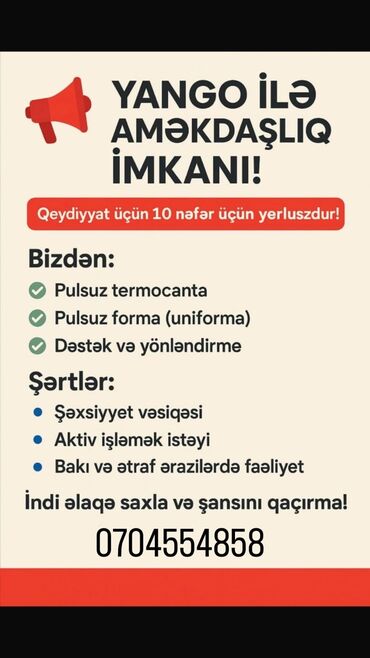 Əməkdaş axtarışı (vakansiyalar): Taksi sürücüsü tələb olunur, İşəmuzd ödəniş