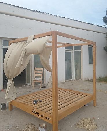 hovuz üçün şezlonq: Açıq havada istirahət üçün taxta baldaxanlı çarpayı - Material — 3