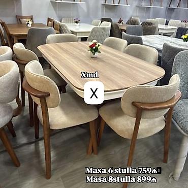 restoran stolu: Yemək otağı dəsti – ağ/qəhvəyi tonlarda masa və yumşaq oturacaqlı — 1