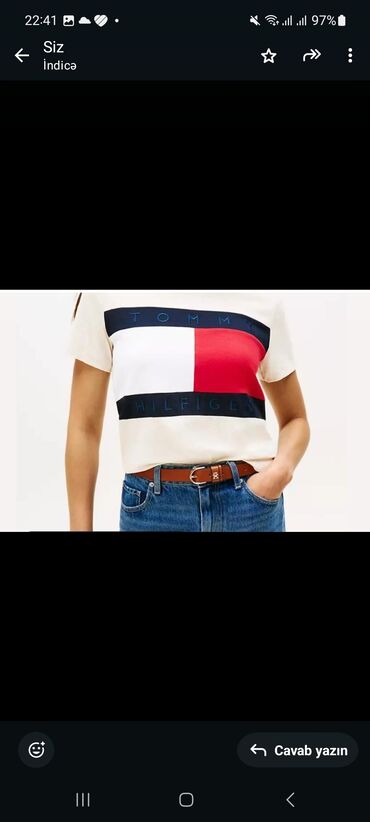 женские кофты для полных: Qadın T‑shirt – Tommy Hilfiger loqolu - Rəng: krem/əbədi ağ tonunda
