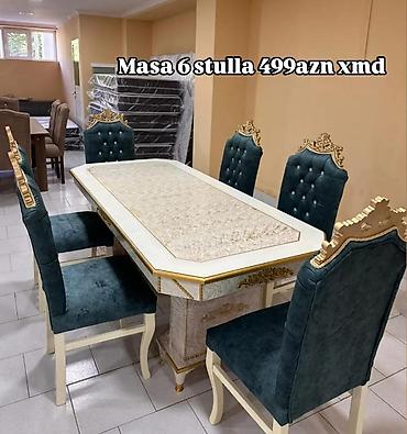 gul sekilleri: Zövqlü yemək otağı dəsti – masa və 6 stul. - Rəng: ağ-qızılı — 1