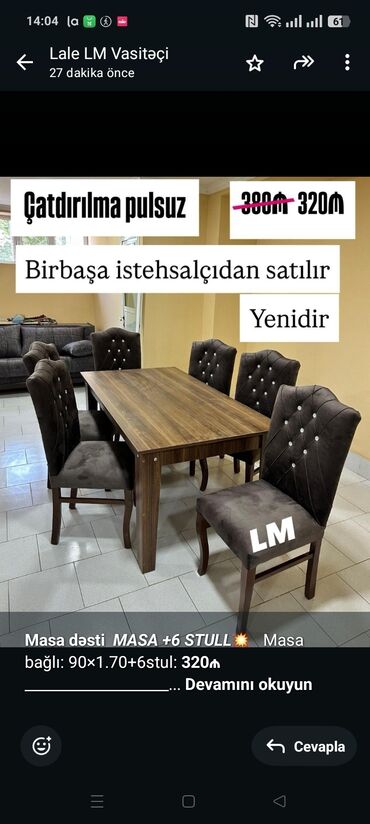Sifarişlə pufiklər: *Masa dəsti* _*MASA +6 STULL💥*_ Masa bağlı: 90×1.70+6stul: *320₼*