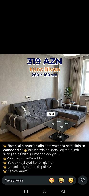 Künc divan – 260 × 160 sm - Qiymət: 319 AZN (şəkildə göstərilib) - lalafo.az -da Künc divan – 260 × 160 sm - Qiymət: 319 AZN (şəkildə göstərilib) -