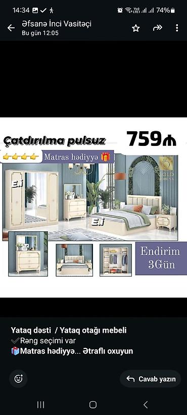 заказ мебели: *Yataq dəsti / Yataq otağı mebeli* ✔️Rəng seçimi var *🎁Matras — 5