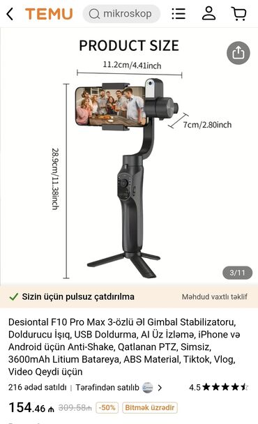 Digər ölçmə cihazları: Gimbal F10 Pro 3 oxlu. YENİ. 3600 mah (10 saatadək istifadə) şarj