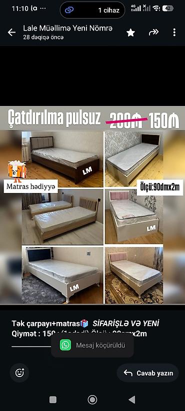 Sifarişlə mebel: *Tək çarpayı+matras🎁* _*SİFARİŞLƏ VƏ YENİ*_ *Qiymət : 150₼*(1ədədi) — 1