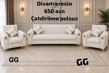 Divan və kreslo dəstləri: Divan + kreslo dəsti - Rəng: açıq bej, qızılı detallarla - Komplekt — 1