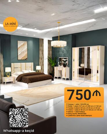 Yataq otağı dəstləri: İkinəfərlik çarpayı, Dolab, 2 tumba, Azərbaycan, Yeni — 21