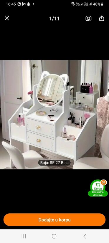 Neseseri: Organizator za kozmetiku u beloj boji sa ogledalom. Poseduje dve fioke — 11