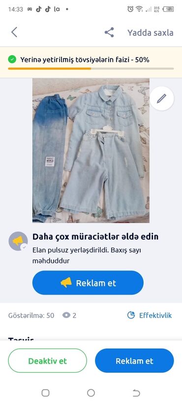 Pencəklər: Uşaq üçün denim dəst - 1 ədəd uzunqol düyməli cins köynək (sinədə iki