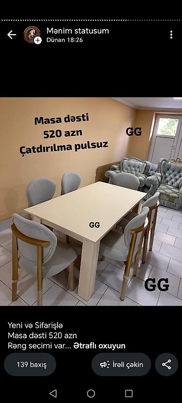 Məhsul: Masa dəsti Tərkibi: - 1 ədəd düzbucaqlı yemək masası - 4 ədəd