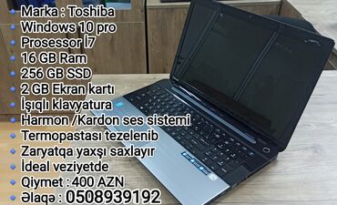 Noutbuk və netbuklar: İşlənmiş Toshiba, 15.6 ", Intel Core i7, 256 GB, Rayonlara çatdırılma