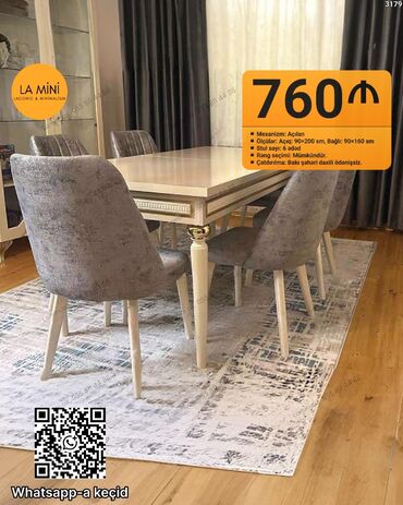 metbex ucun asma tavanlar: Qonaq otağı üçün, Açılan, Dördbucaq masa, 6 stul