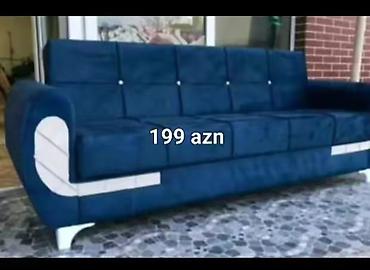 saloglu mebel: Mavi rəngli, müasir dizaynlı divan. - Yumşaq parça üzlük, düyməli — 1