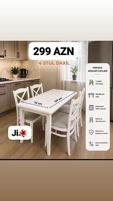plasmas stular: Ağ rəngdə yemək masası dəsti - Dəstə 4 ədəd stul daxildir - Masanın — 1