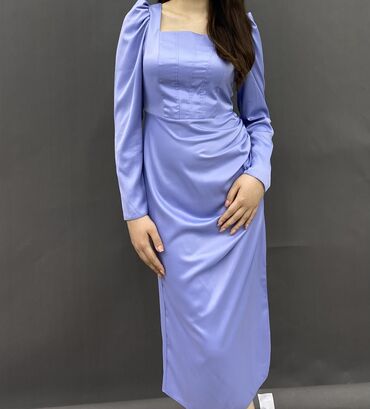 синие длинное платье: Повседневное платье, Лето, Длинная модель, Атлас, L (EU 40)