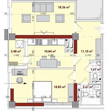 67: 2 комнаты, 68 м², Орто-Сай с. 9 этаж, ПСО (под самоотделку) — 1