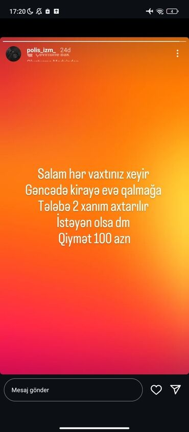 unvan az kiraye evler lerikdə: Salam Gəncədə Kirayə evdə qalmağa 2 tələbə xanım axtarılır bir nəfər