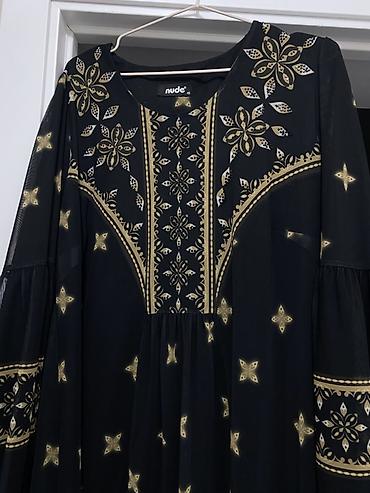 клеш штаны: Платье boho/ethno в черном цвете с золотистым орнаментом - Бренд — 3