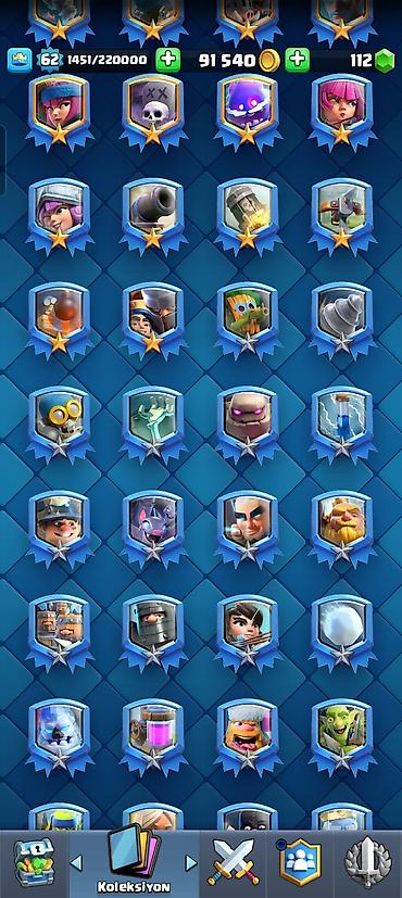 Digər kolleksiyalar: Clash Royale hesabı - Kral səviyyəsi: 62 - Kupa: 11 542+ - Qızıl: 91 — 12