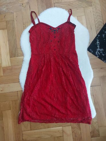 kožna haljina zara: Denim Co S (EU 36), bоја - Crvena, Večernji, maturski, Na bretele