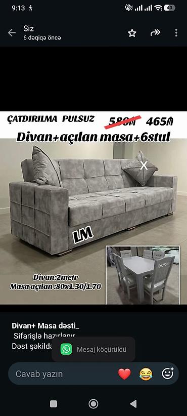 *Divan+ Masa dəsti*_ Sifarişlə hazırlanır. Dəst şəkildə : *465₼* lalafo.az -da *Divan+ Masa dəsti*_ Sifarişlə hazırlanır. Dəst şəkildə : *465₼*